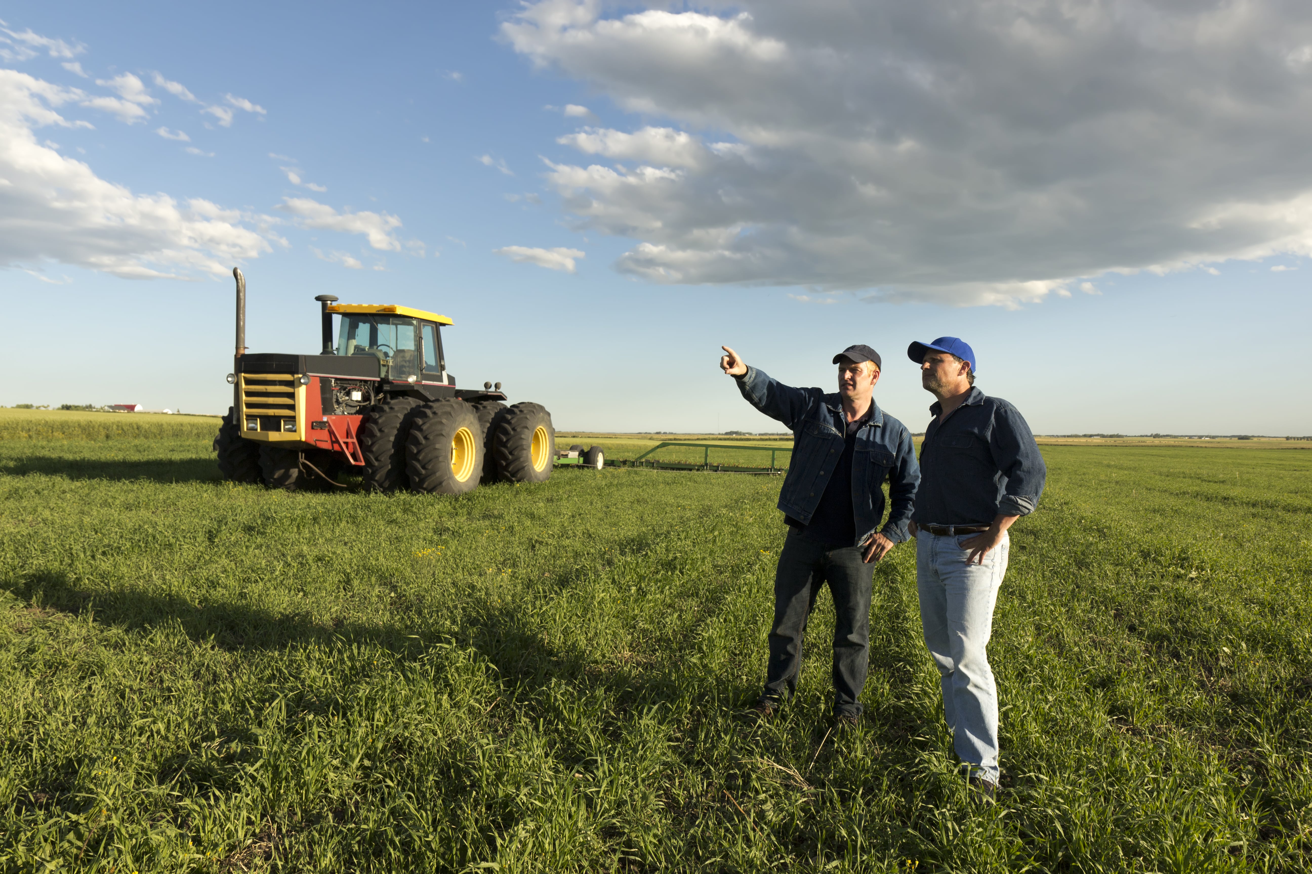 One person showing the horizon to another one in a grass field in front of a tractor